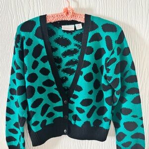 VTG Nordstrom Petite Focus Cropped V Neck Cardigan Teal Black SMALL
